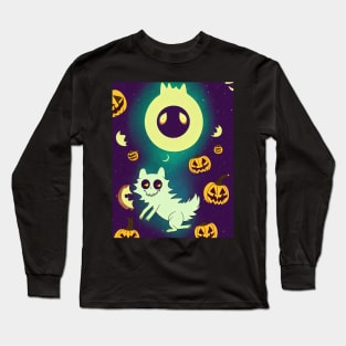 halloween ghost cat with pumpkins Long Sleeve T-Shirt